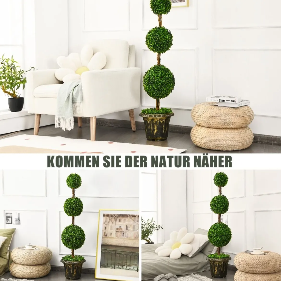 Künstlicher Formschnittbaum 120 cm großer Kunstbaum mit 3 Kugeln UV & Wasserschutz mit Zement gefüllter Topf