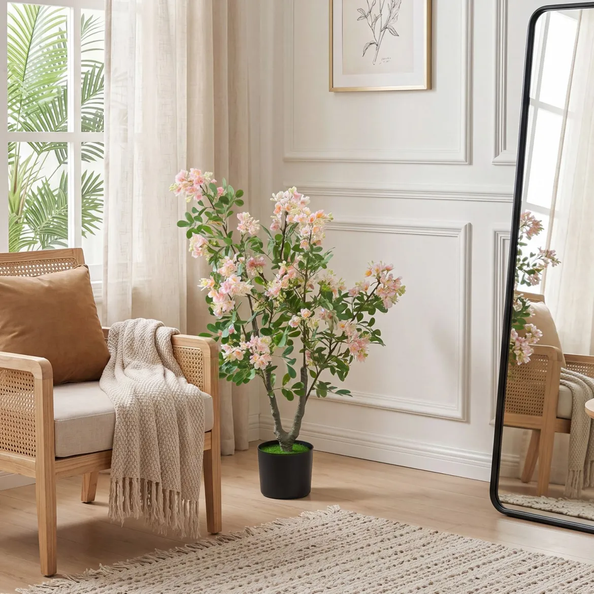Künstlicher Impatiens Baum 90 cm Kunstpflanze im Topf mit 210 Seidenblumen und 55 Blättern Rosa