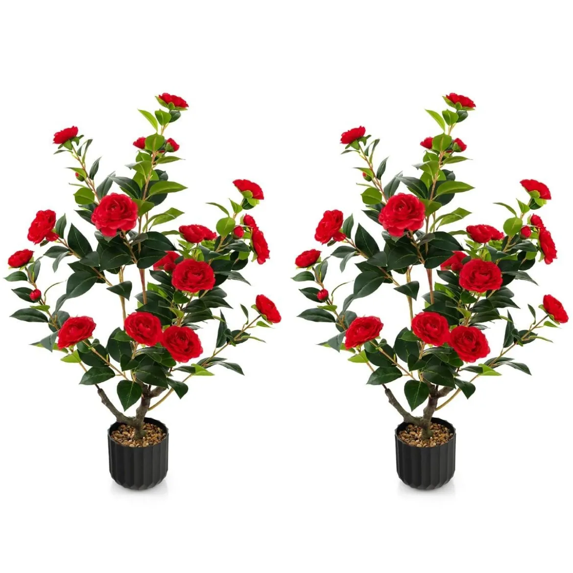 Künstlicher Kamelienbaum 95 cm Kunstblumenpflanze Künstlicher Baum im Zementtopf Rot