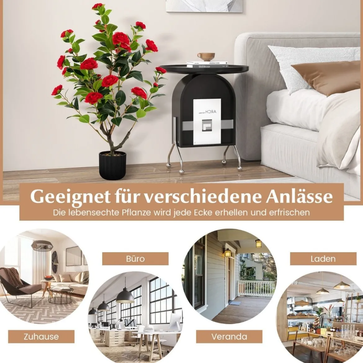 Künstlicher Kamelienbaum 95 cm Kunstblumenpflanze Künstlicher Baum im Zementtopf Rot