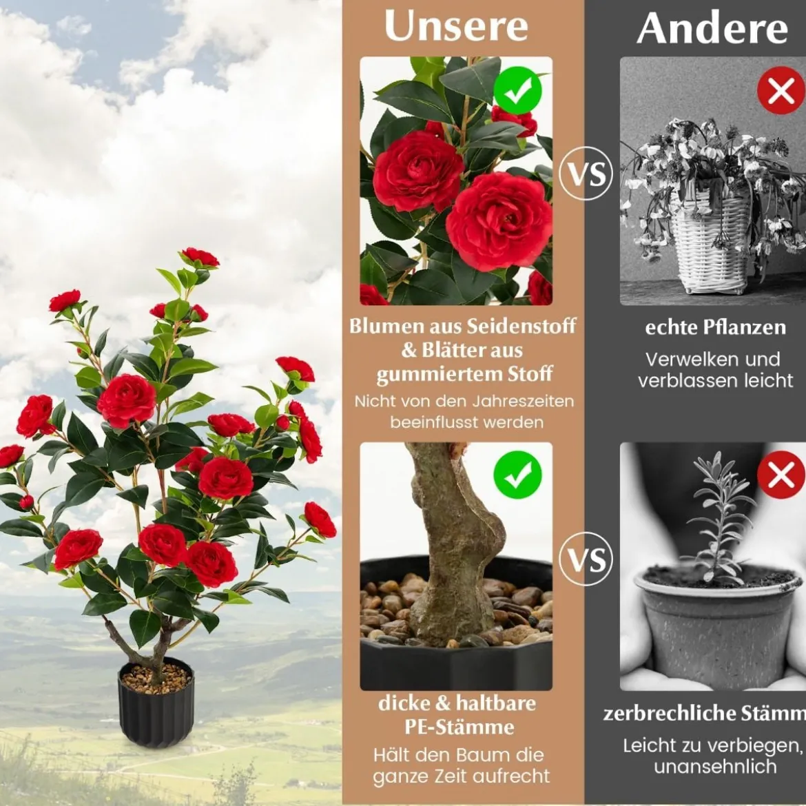 Künstlicher Kamelienbaum 95 cm Kunstblumenpflanze Künstlicher Baum im Zementtopf Rot