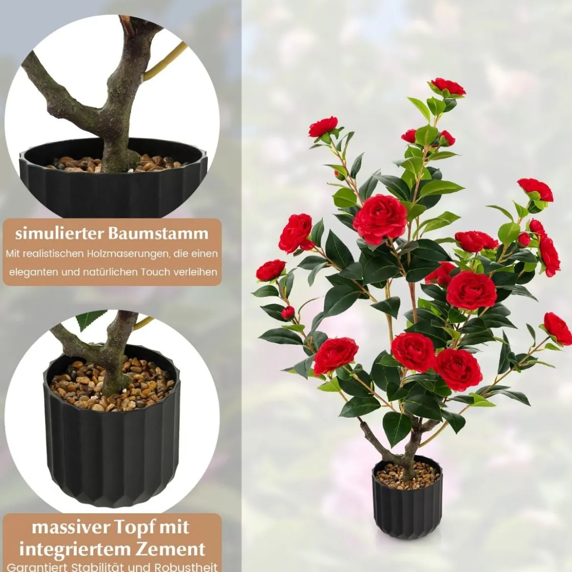 Künstlicher Kamelienbaum 95 cm Kunstblumenpflanze Künstlicher Baum im Zementtopf Rot