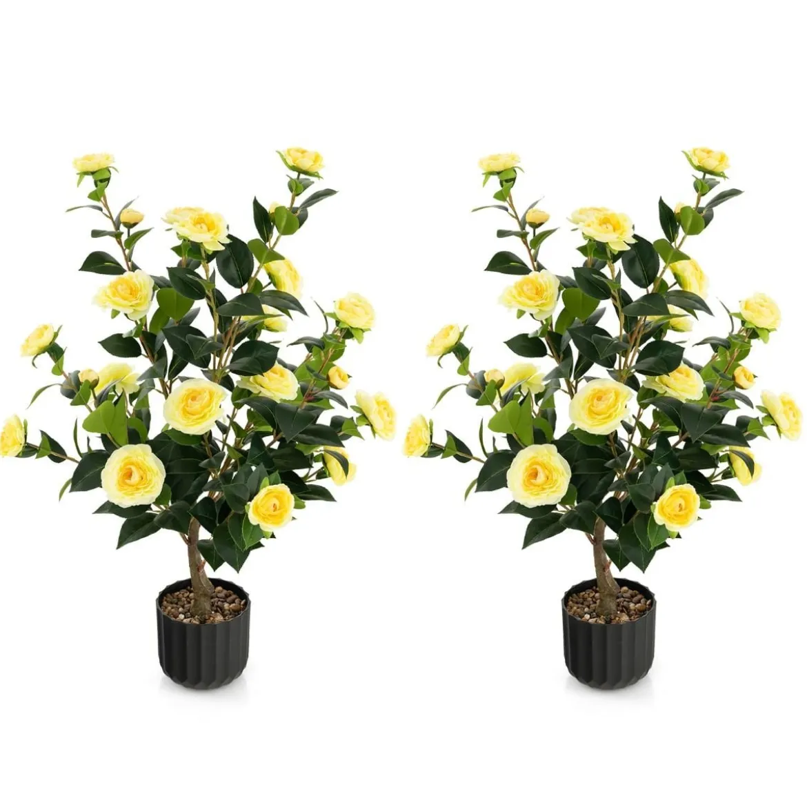 Künstlicher Kamelienbaum 95 cm Kunstblumenpflanze Künstlicher Baum im Zementtopf Gelb