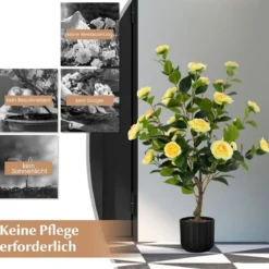 Künstlicher Kamelienbaum 95 cm Kunstblumenpflanze Künstlicher Baum im Zementtopf Gelb