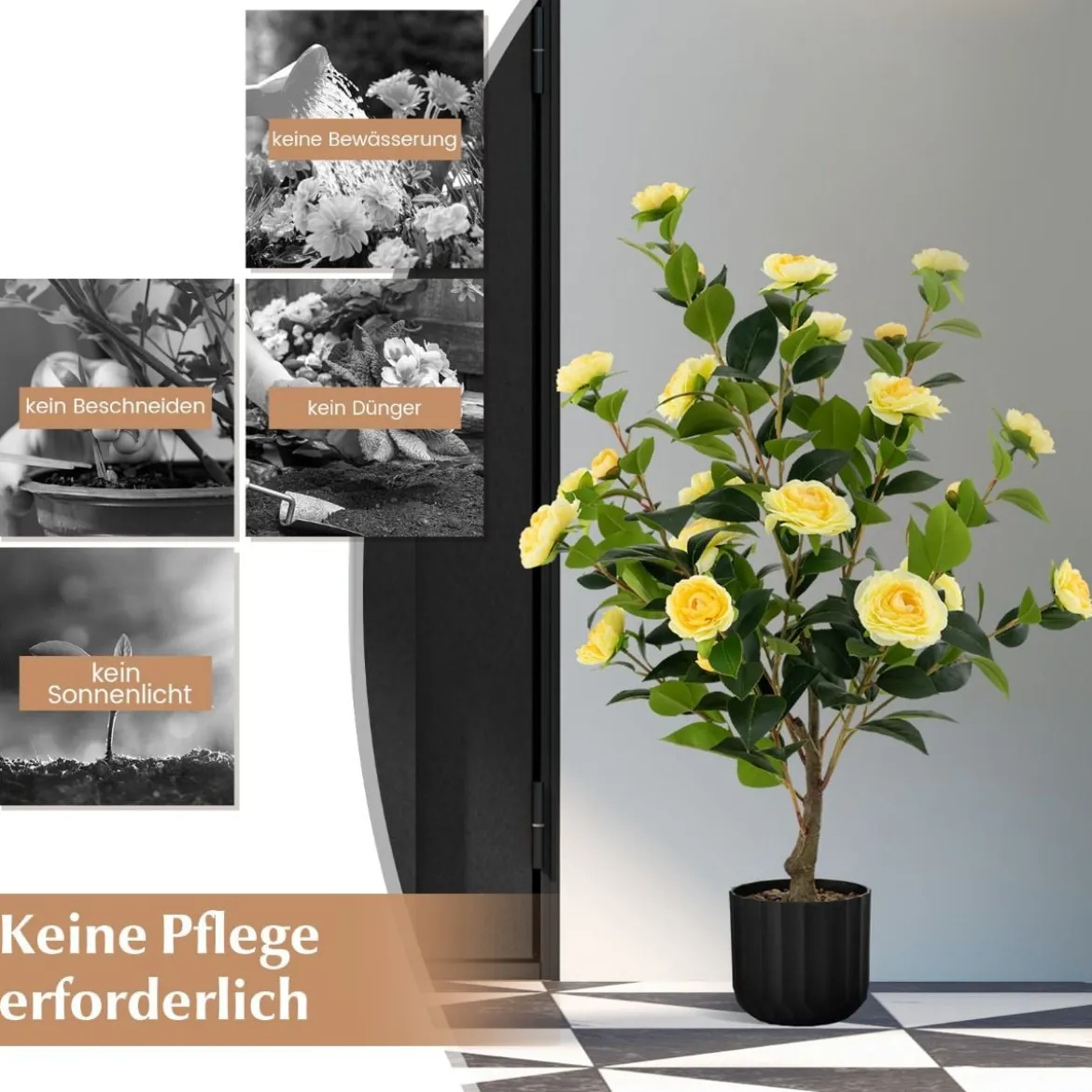 Künstlicher Kamelienbaum 95 cm Kunstblumenpflanze Künstlicher Baum im Zementtopf Gelb