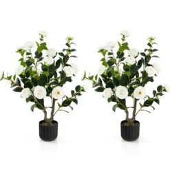 Künstlicher Kamelienbaum 95 cm Kunstblumenpflanze Künstlicher Baum im Zementtopf Weiß