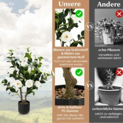 Künstlicher Kamelienbaum 95 cm Kunstblumenpflanze Künstlicher Baum im Zementtopf Weiß