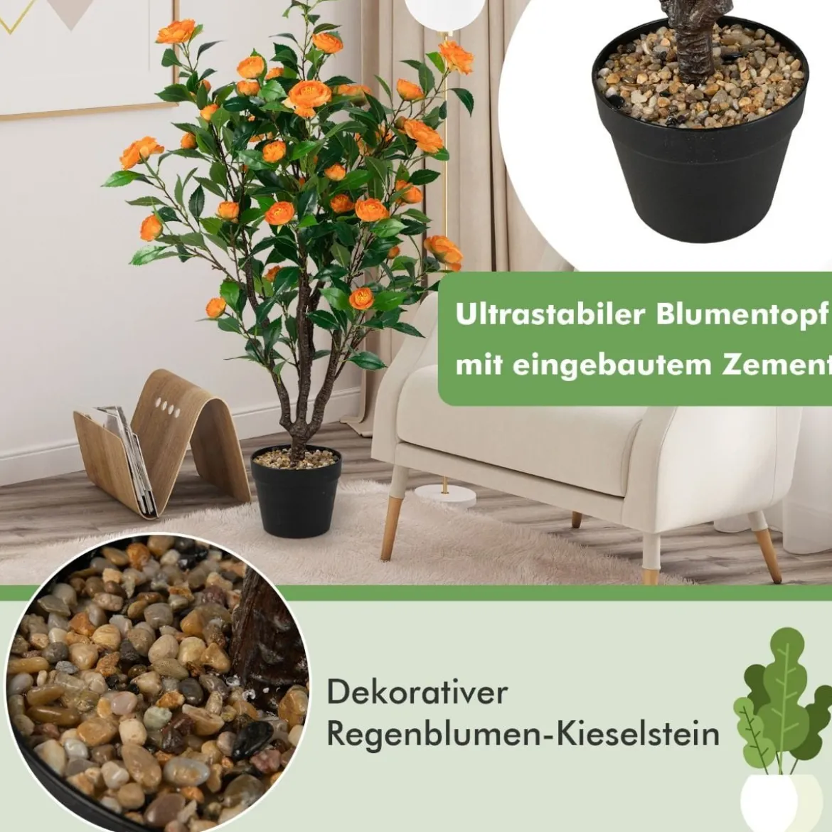 Künstlicher Kamelienbaum Unechte Blühende Kamelienpflanze Grün + Gelb