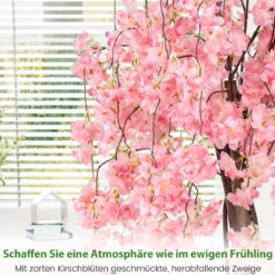 Künstlicher Kirschblütenbaum im Pflanztopf Kunstblumenpflanze mit Rosa Blumen 163 cm