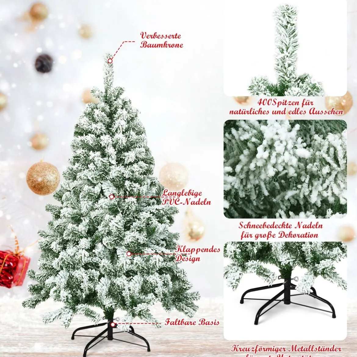 Künstlicher schneebedeckter Weihnachtsbaum mit Metallständer und PVC Nadeln 135 cm