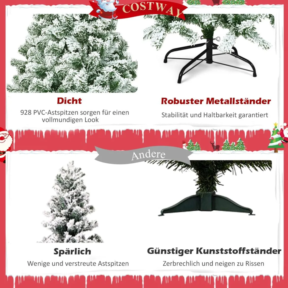 Künstlicher Schneebedeckter Weihnachtsbaum mit Metallständer und PVC Nadeln 180 cm