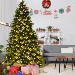 Künstlicher Tannenbaum mit LED-Lichterketten Weihnachtsbaum Christbaum mit Klappsystem und Metallständer 210/225/240 cm Grün