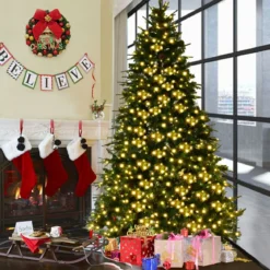 Künstlicher Tannenbaum mit LED-Lichterketten Weihnachtsbaum Christbaum mit Klappsystem und Metallständer 210/225/240 cm Grün