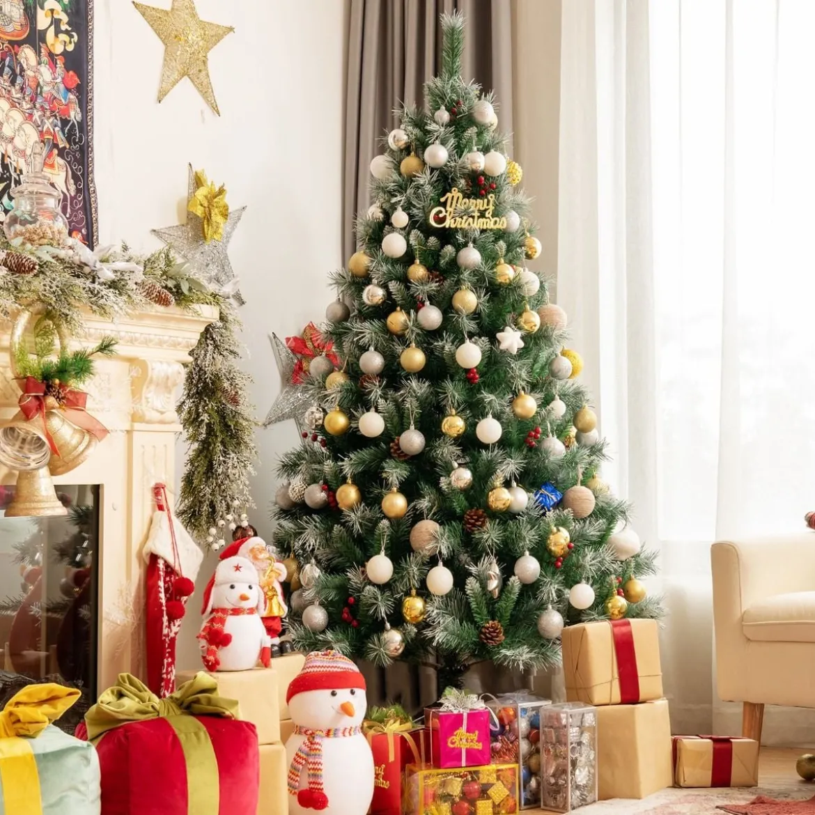 Künstlicher Verschneiter Weihnachtsbaum mit Tannenzapfen für Indoor & Outdoor 180 cm