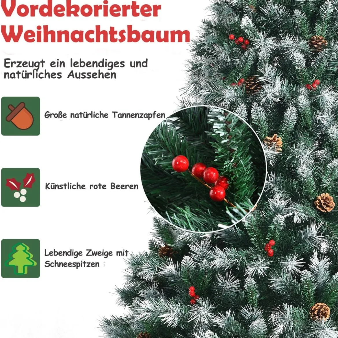 Künstlicher Verschneiter Weihnachtsbaum mit Tannenzapfen für Indoor & Outdoor 180 cm
