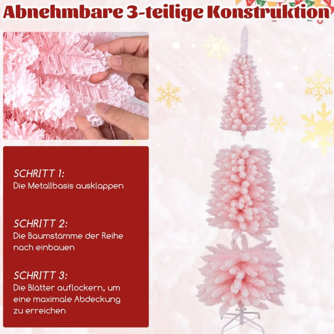 Künstlicher Weihnachtsbaum Bleistift 180 cm Tannenbaum mit Schnee Christbaum mit 460 Zweigspitzen Rosa