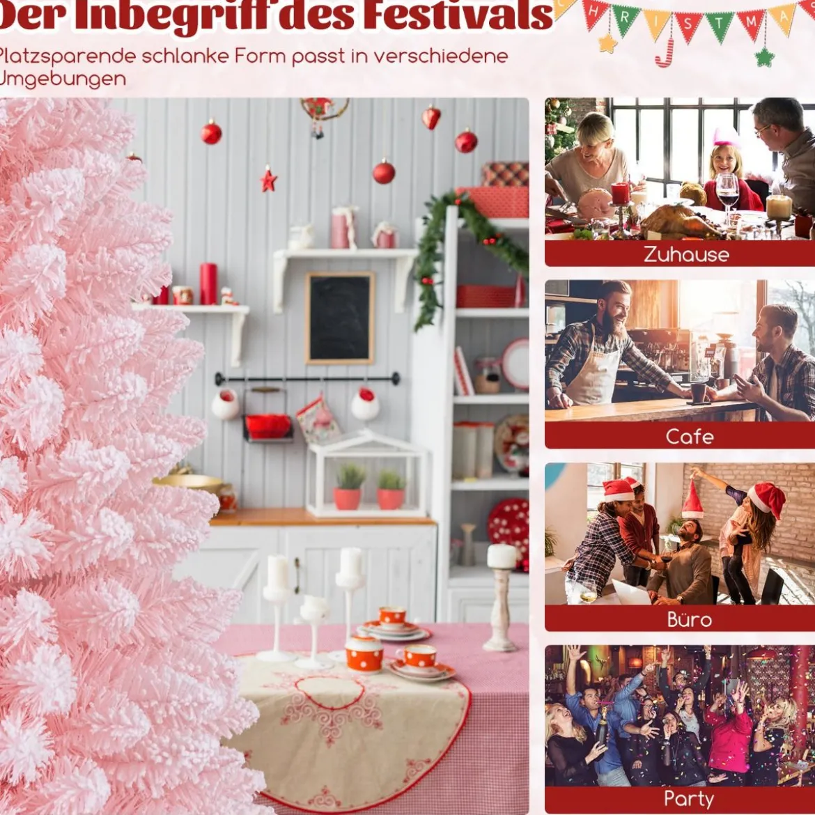 Künstlicher Weihnachtsbaum Bleistift 180 cm Tannenbaum mit Schnee Christbaum mit 460 Zweigspitzen Rosa