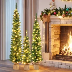 Künstlicher Weihnachtsbaum 3er Set Bleistift Tannenbaum mit Beleuchtung Grün