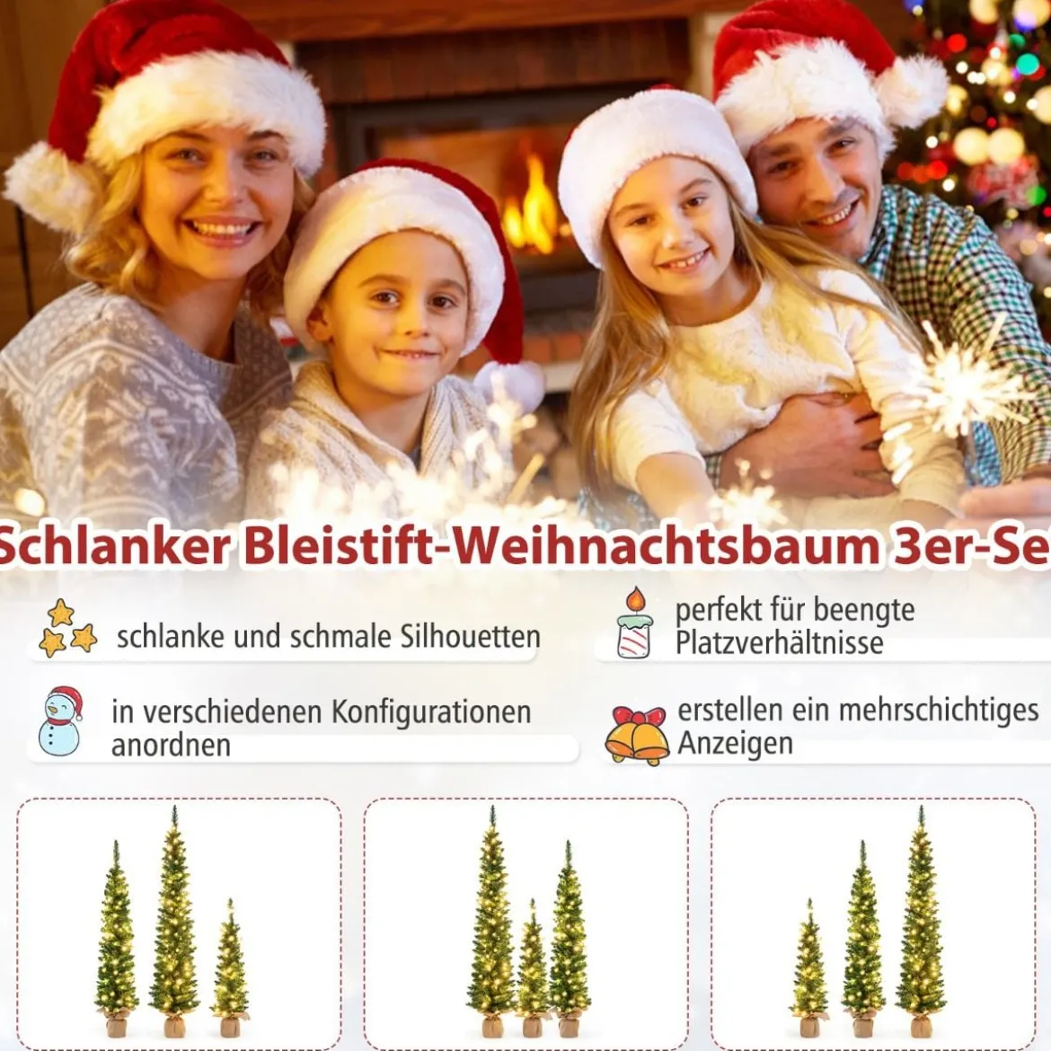 Künstlicher Weihnachtsbaum 3er Set Bleistift Tannenbaum mit Beleuchtung Grün