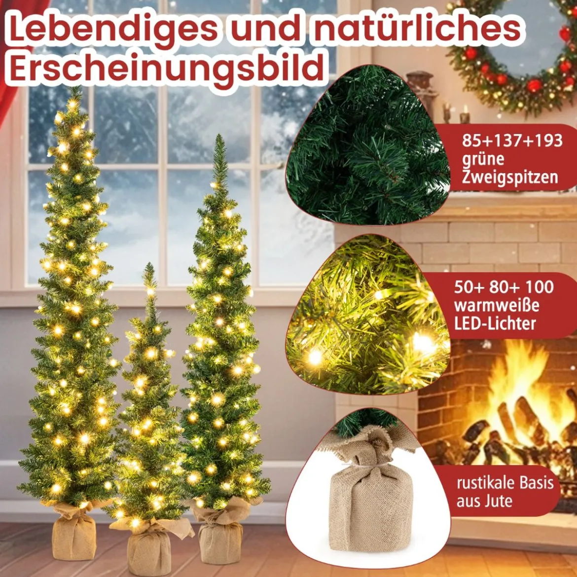 Künstlicher Weihnachtsbaum 3er Set Bleistift Tannenbaum mit Beleuchtung Grün