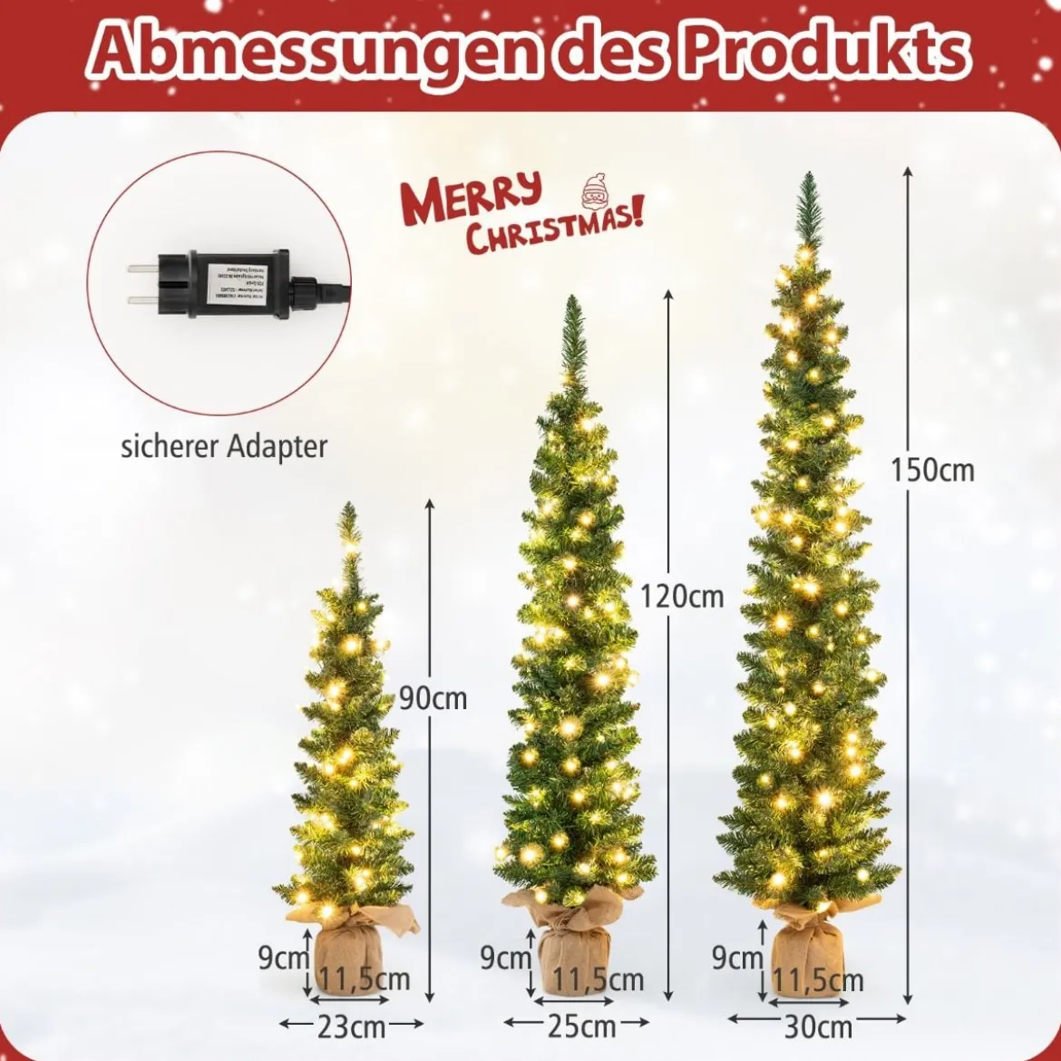 Künstlicher Weihnachtsbaum 3er Set Bleistift Tannenbaum mit Beleuchtung Grün