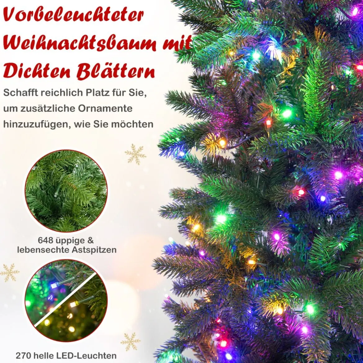 Künstlicher Weihnachtsbaum mit warmweißen & mehrfarbigen LED-Lichtern und 648 dichte Zweigspitzen 180 cm