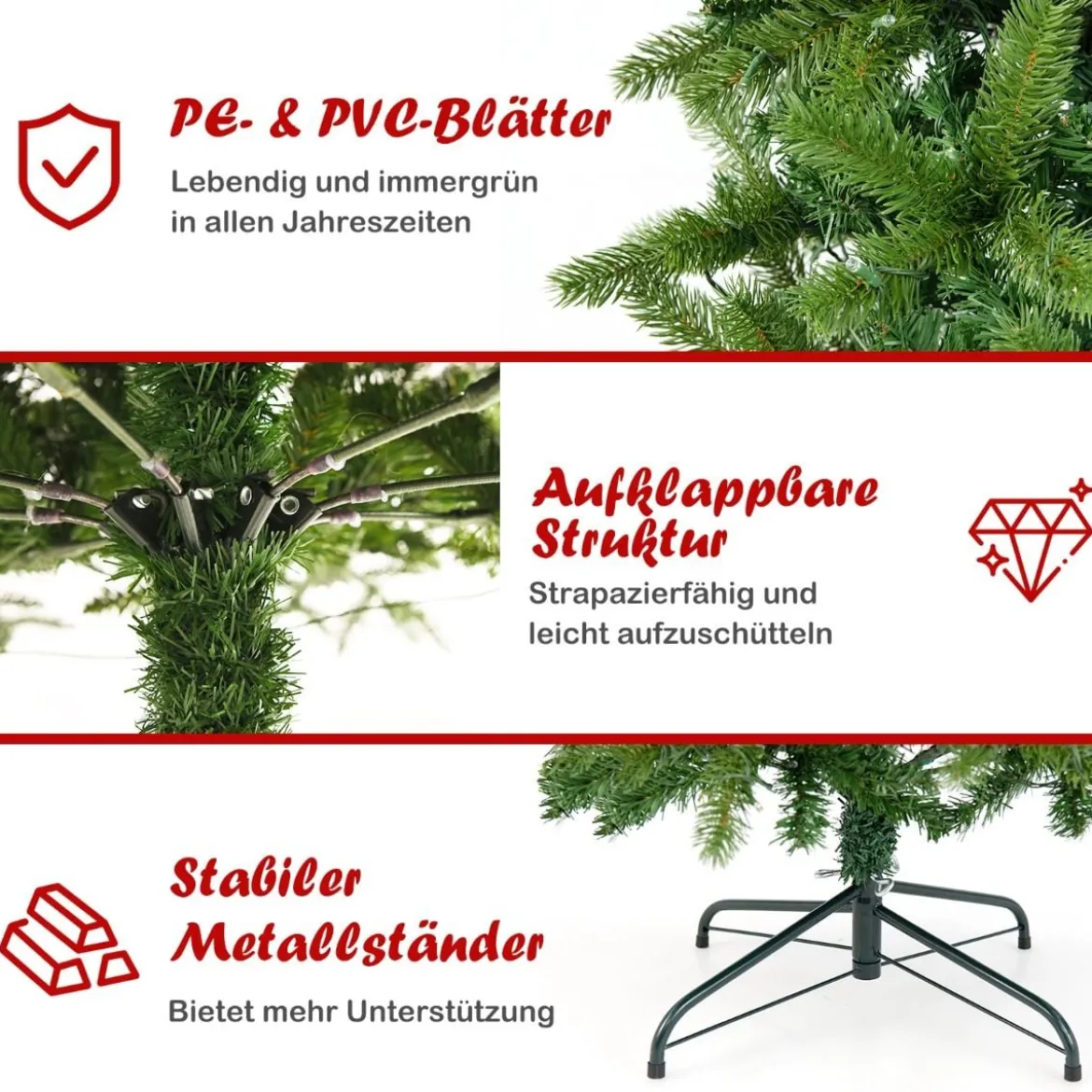 Künstlicher Weihnachtsbaum mit Warmweißen & Mehrfarbigen LED-Lichtern und 796 Dichte Zweigspitzen 225 cm