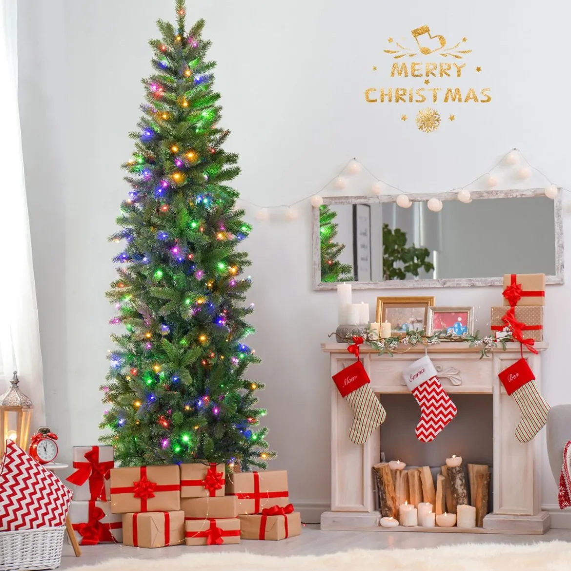 Künstlicher Weihnachtsbaum mit Warmweißen & Mehrfarbigen LED-Lichtern und 796 Dichte Zweigspitzen 225 cm