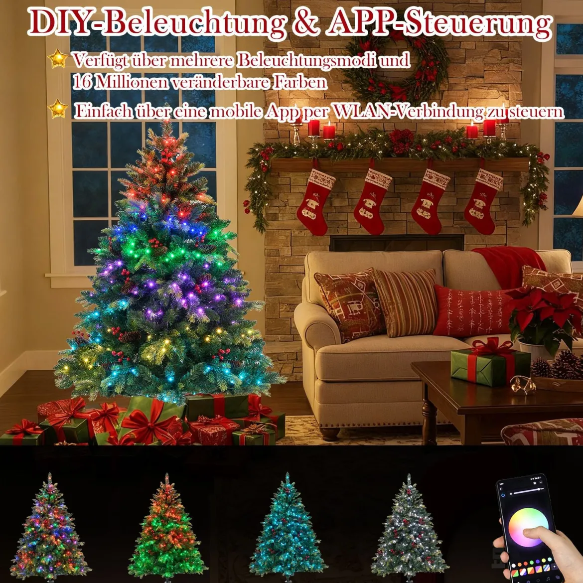 Künstlicher Weihnachtsbaum mit Beleuchtung und Fernbedienung 150 cm Tannenbaum mit 250 APP-gesteuerte mehrfarbige RGB-Lichter