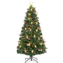 Künstlicher Weihnachtsbaum mit Beleuchtung & Warmweißen LEDs & Roten Beeren & Sternspitze