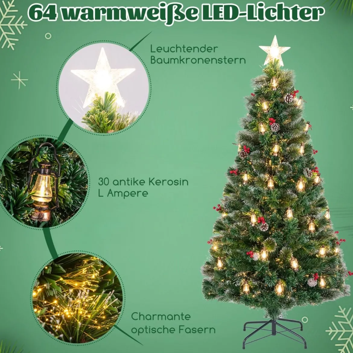 Künstlicher Weihnachtsbaum mit Beleuchtung & Warmweißen LEDs & Roten Beeren & Sternspitze