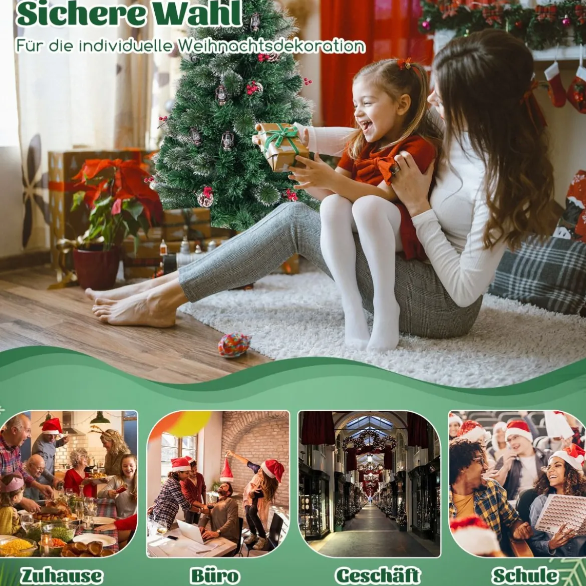 Künstlicher Weihnachtsbaum mit Beleuchtung & Warmweißen LEDs & Roten Beeren & Sternspitze
