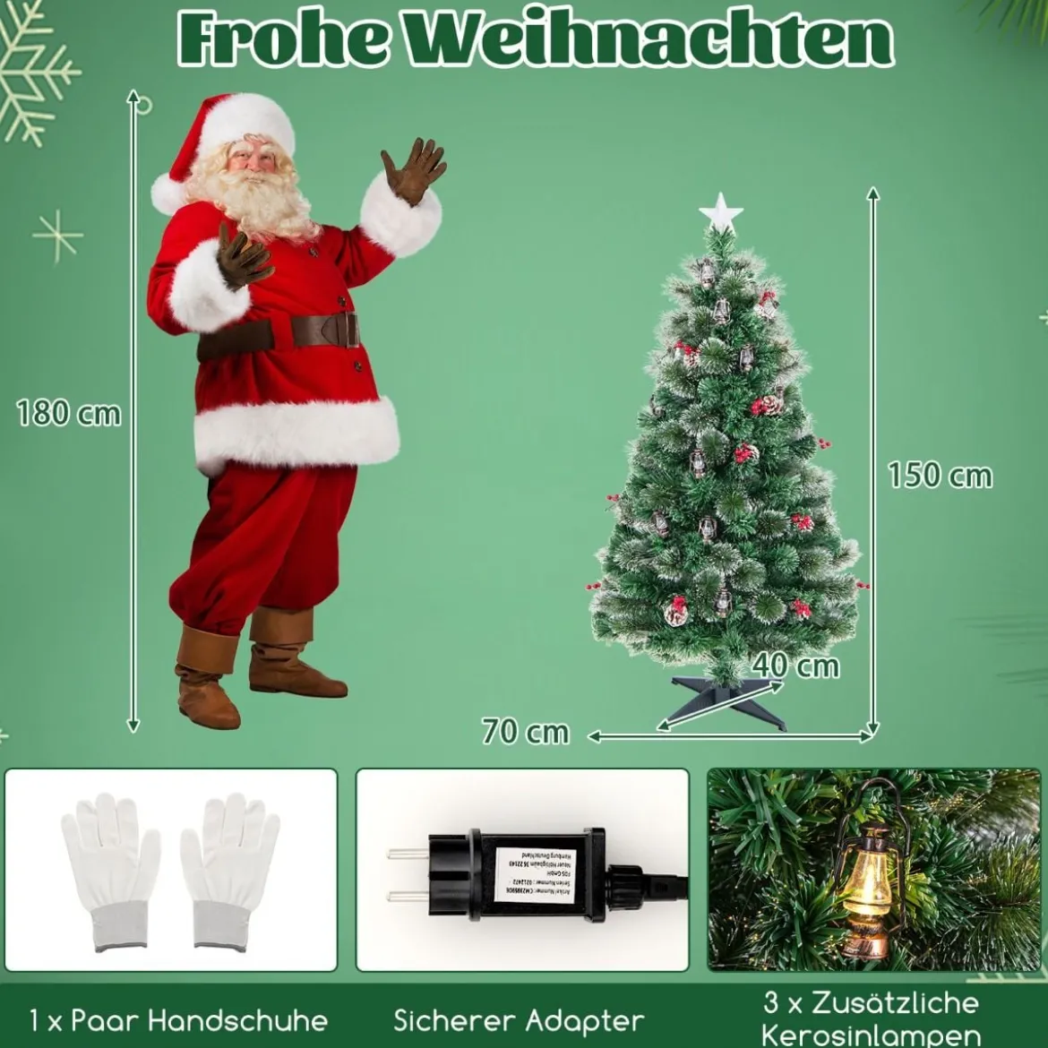 Künstlicher Weihnachtsbaum mit Beleuchtung & Warmweißen LEDs & Roten Beeren & Sternspitze