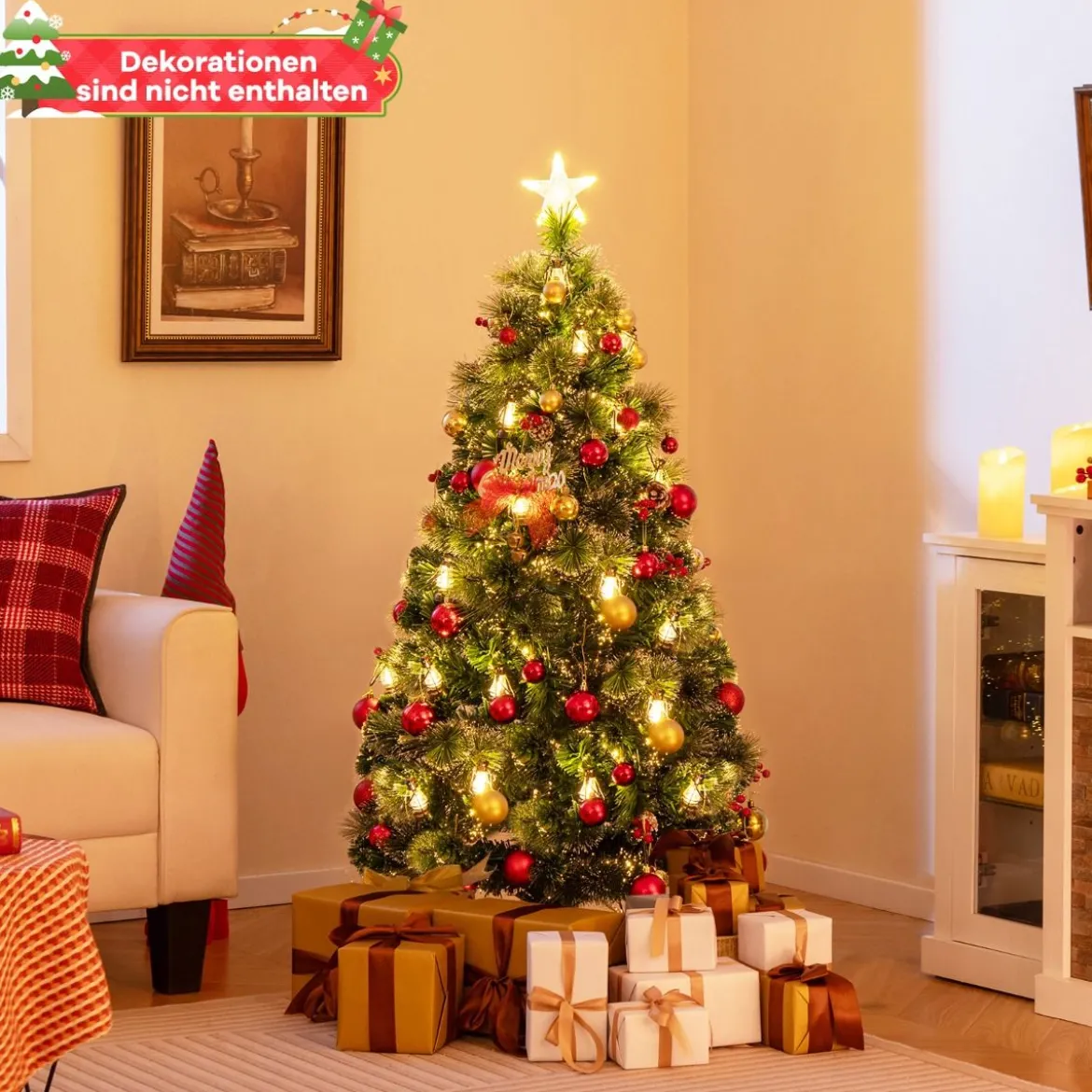 Künstlicher Weihnachtsbaum mit Beleuchtung & Warmweißen LEDs & Roten Beeren & Sternspitze