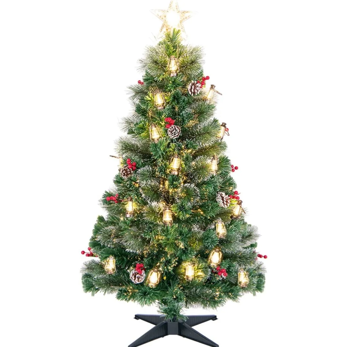 Künstlicher Weihnachtsbaum mit Beleuchtung & Warmweißen LEDs & Roten Beeren & Sternspitze