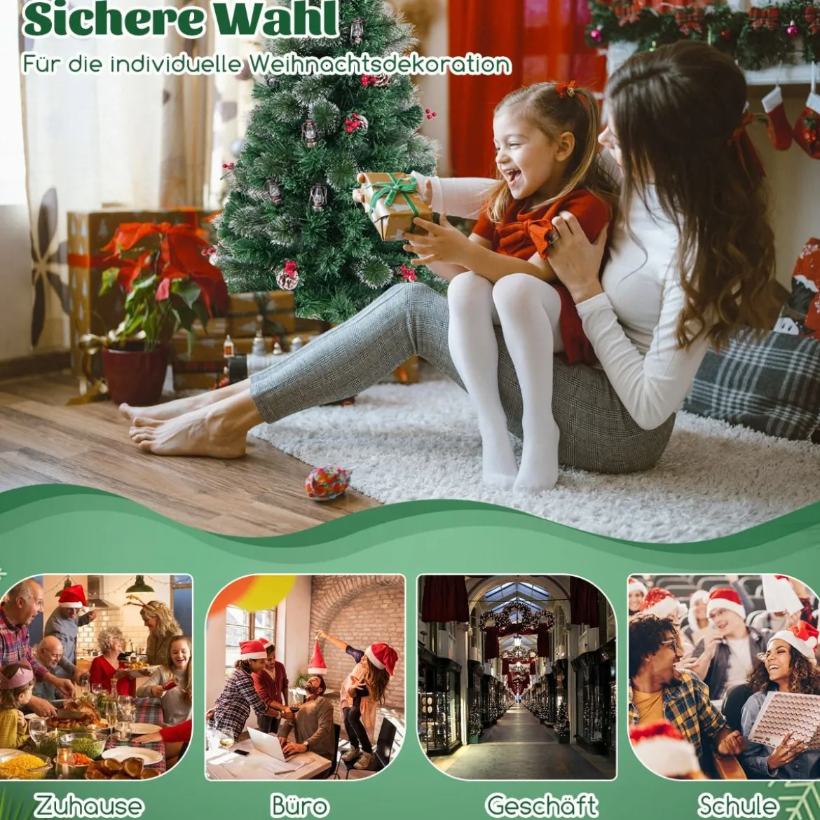 Künstlicher Weihnachtsbaum mit Beleuchtung & Warmweißen LEDs & Roten Beeren & Sternspitze