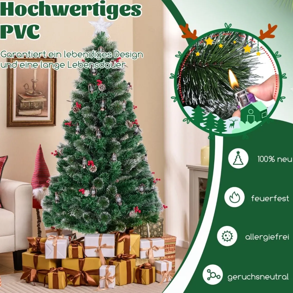 Künstlicher Weihnachtsbaum mit Beleuchtung & Warmweißen LEDs & Roten Beeren & Sternspitze