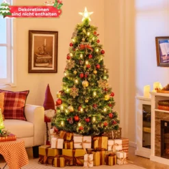 Künstlicher Weihnachtsbaum mit Beleuchtung & Warmweißen LEDs & Roten Beeren & Sternspitze