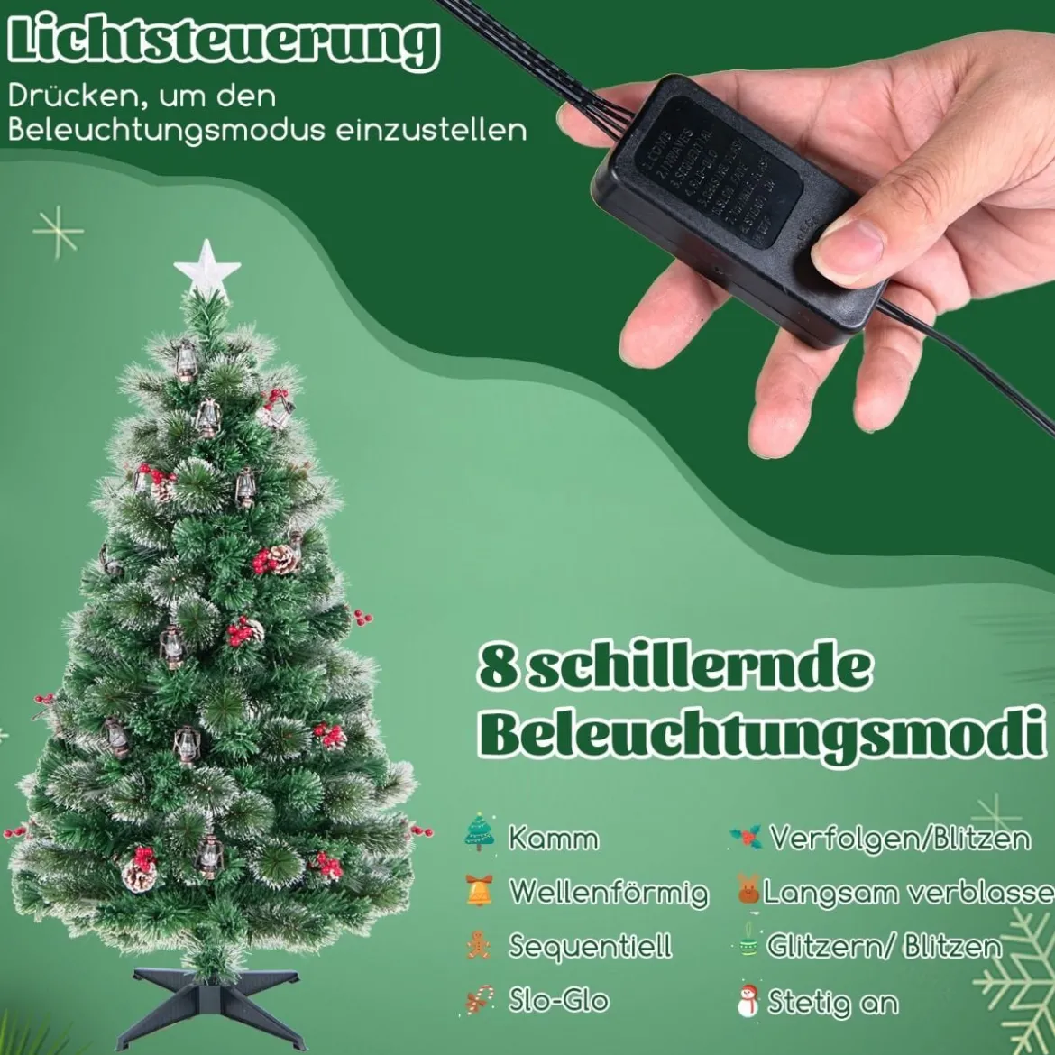 Künstlicher Weihnachtsbaum mit Beleuchtung & Warmweißen LEDs & Roten Beeren & Sternspitze