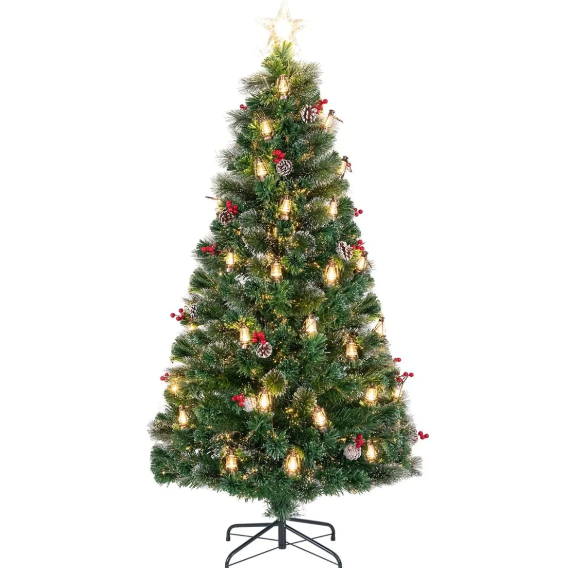 Künstlicher Weihnachtsbaum mit Beleuchtung & Warmweißen LEDs & Roten Beeren & Sternspitze