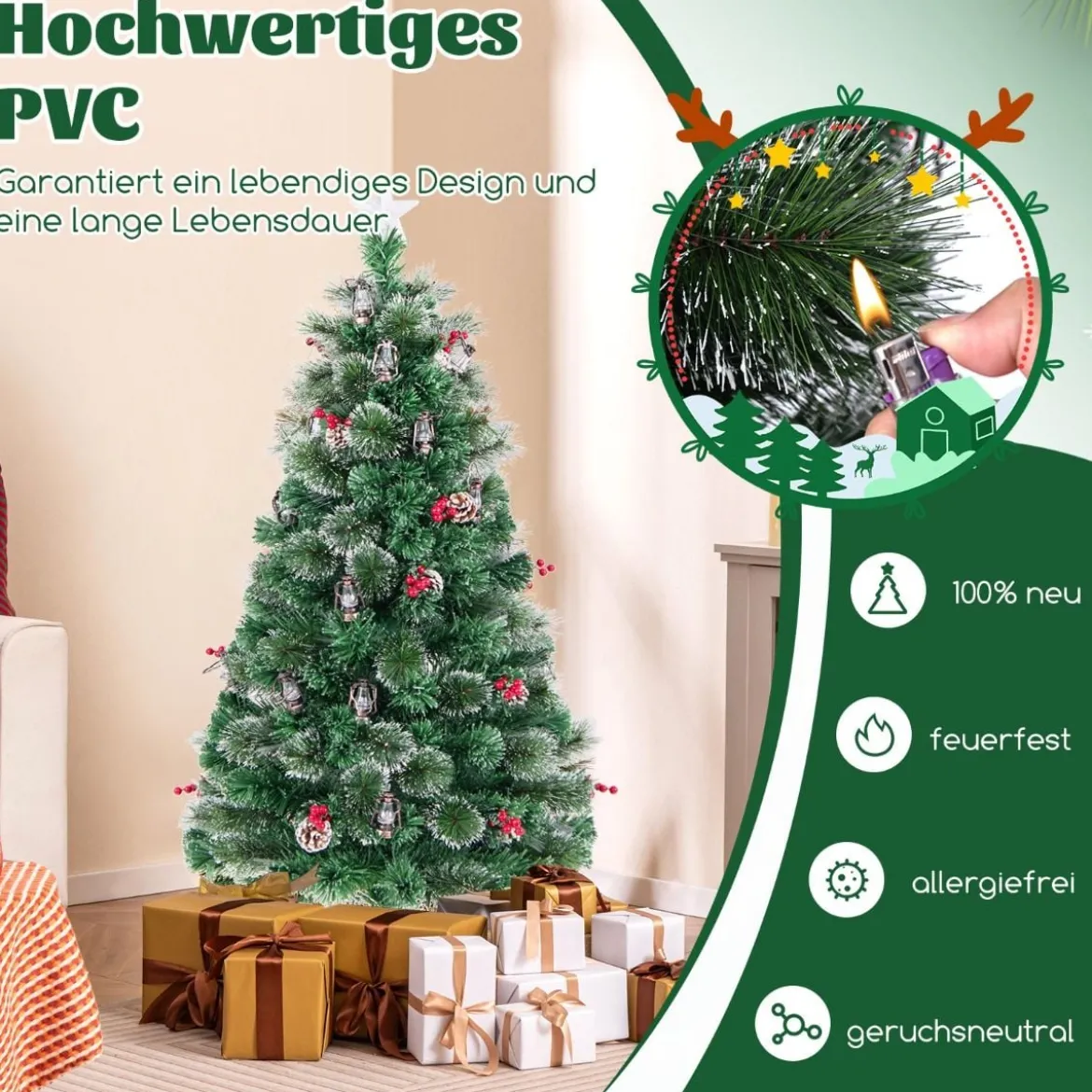 Künstlicher Weihnachtsbaum mit Beleuchtung & Warmweißen LEDs & Roten Beeren & Sternspitze