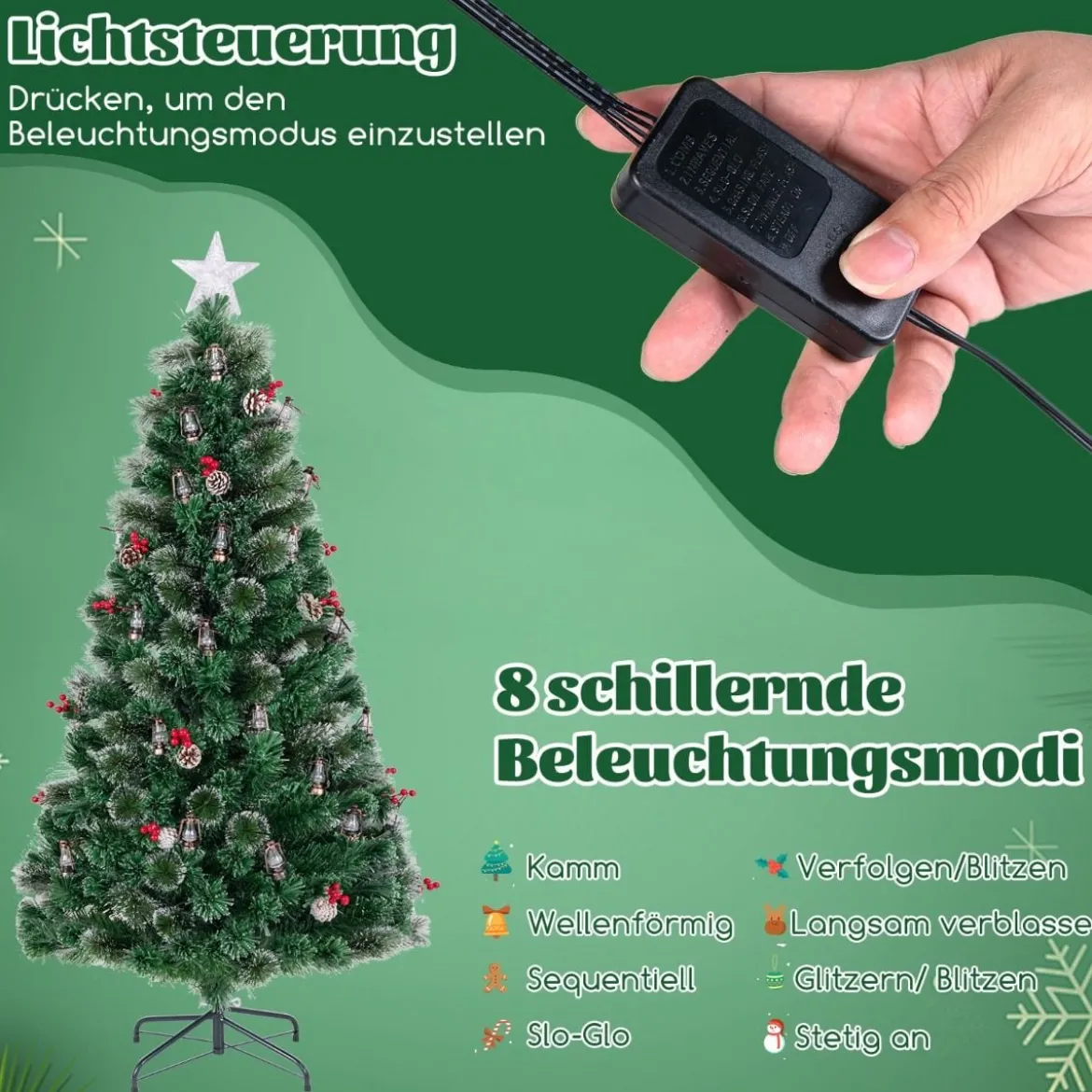 Künstlicher Weihnachtsbaum mit Beleuchtung & Warmweißen LEDs & Roten Beeren & Sternspitze