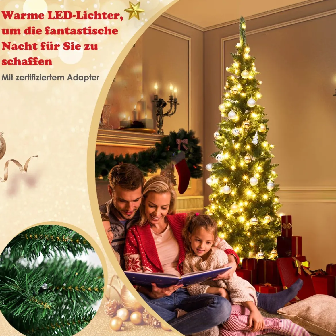 Künstlicher Weihnachtsbaum mit 1085 Zweigen und 350 Bunten LED-Lichtern 225 cm
