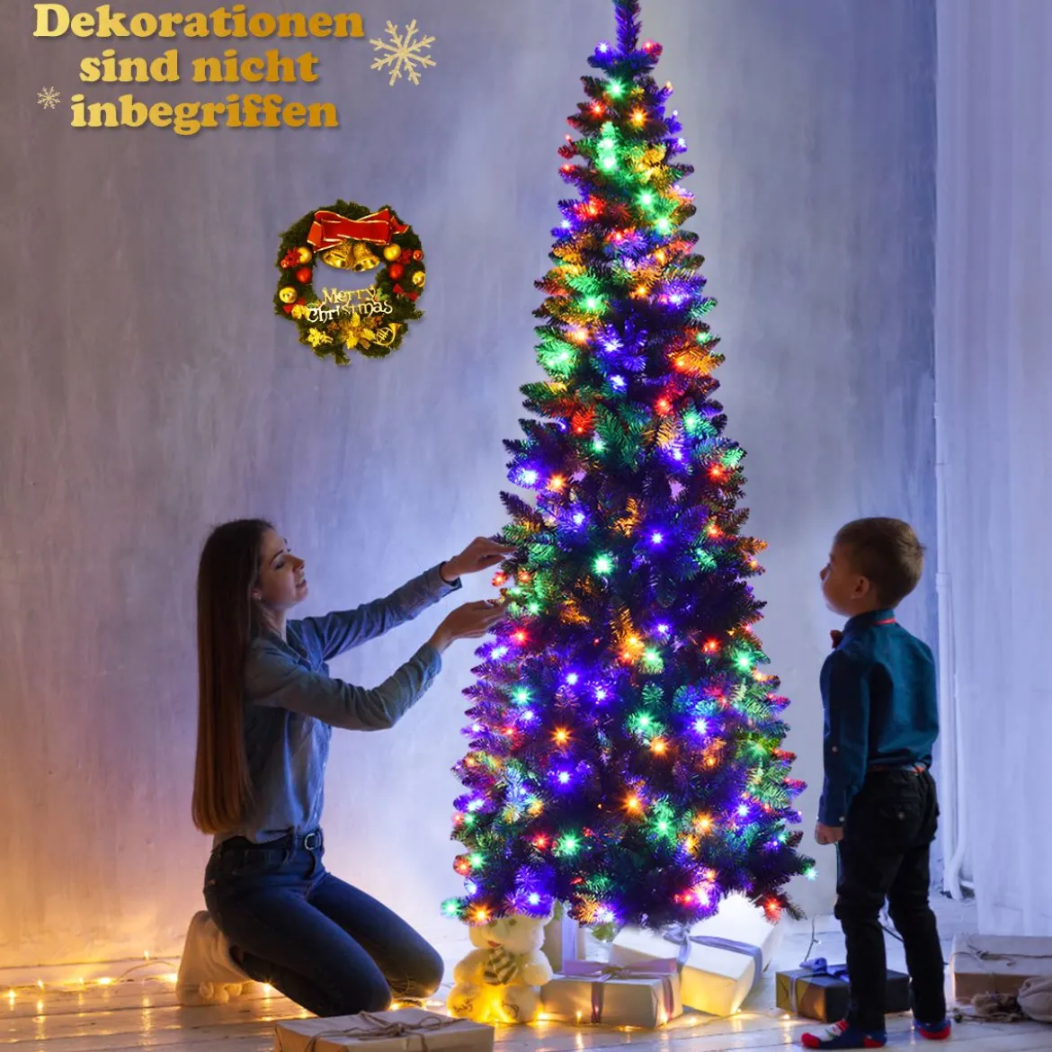 Künstlicher Weihnachtsbaum mit 1085 Zweigen und 350 Bunten LED-Lichtern 225 cm