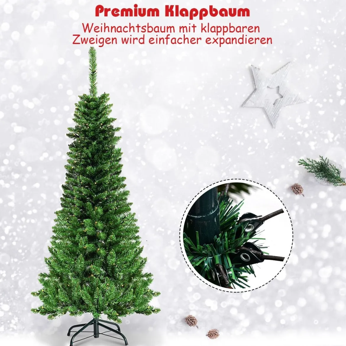 Künstlicher Weihnachtsbaum mit 1085 Zweigen und 350 Bunten LED-Lichtern 225 cm