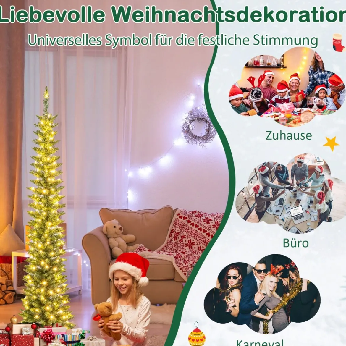 Künstlicher Weihnachtsbaum mit LED-Lichtern Schlanker Christbaum Beleuchteter Festbaum