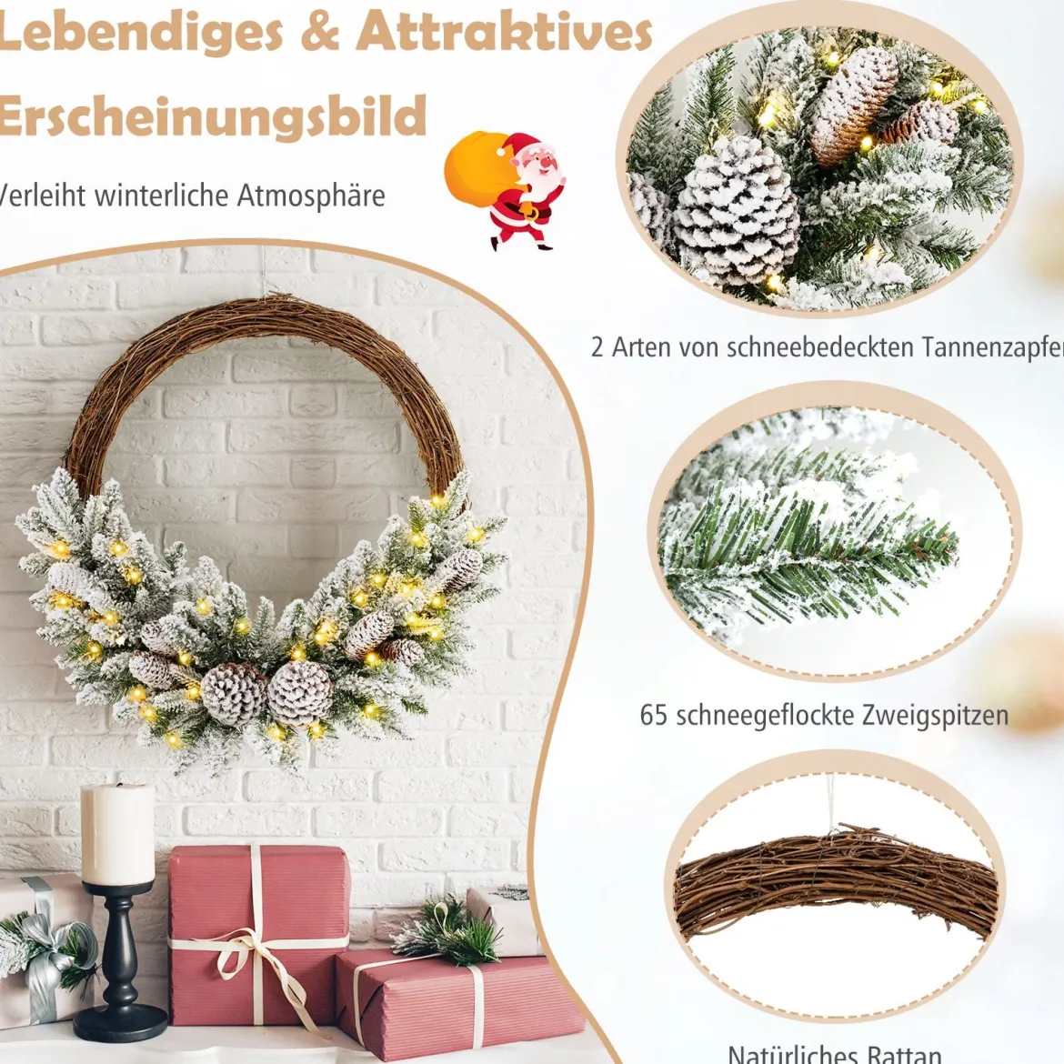Künstlicher Weihnachtskranz mit Beleuchtung schneebedeckter Weihnachtskranz mit 35 LED-Lichtern