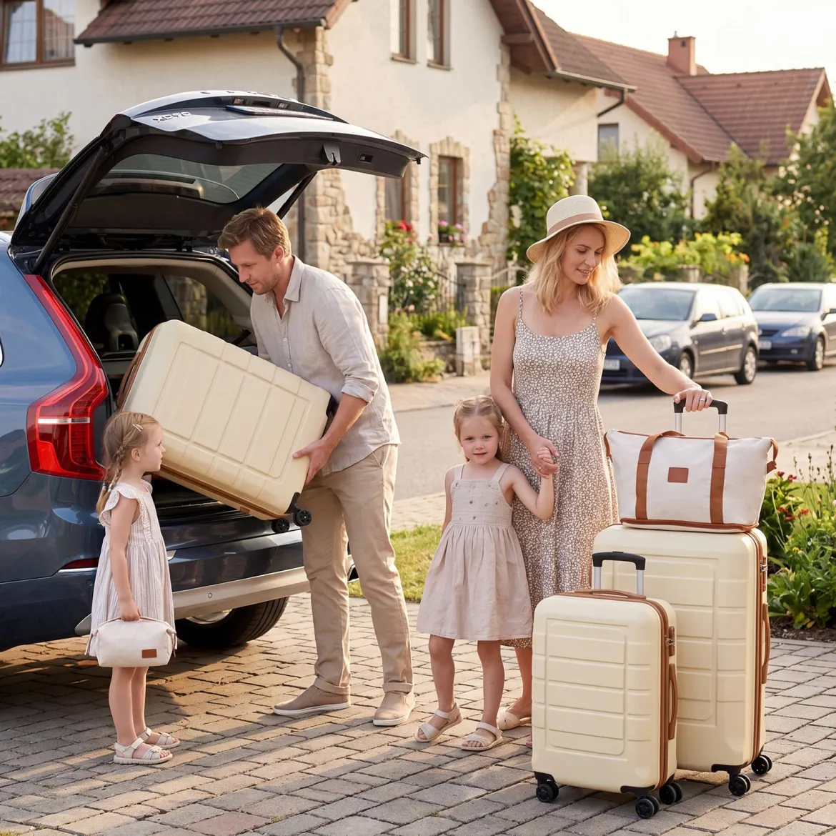 Koffer Set 5 Teilig Erweitbarer Hartschale Reisekoffer mit 1 Reisetasche & 1 Kulturbeutel Schwarz/Beige