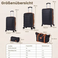 Koffer Set 5 Teilig Erweitbarer Hartschale Reisekoffer mit 1 Reisetasche & 1 Kulturbeutel Schwarz/Beige