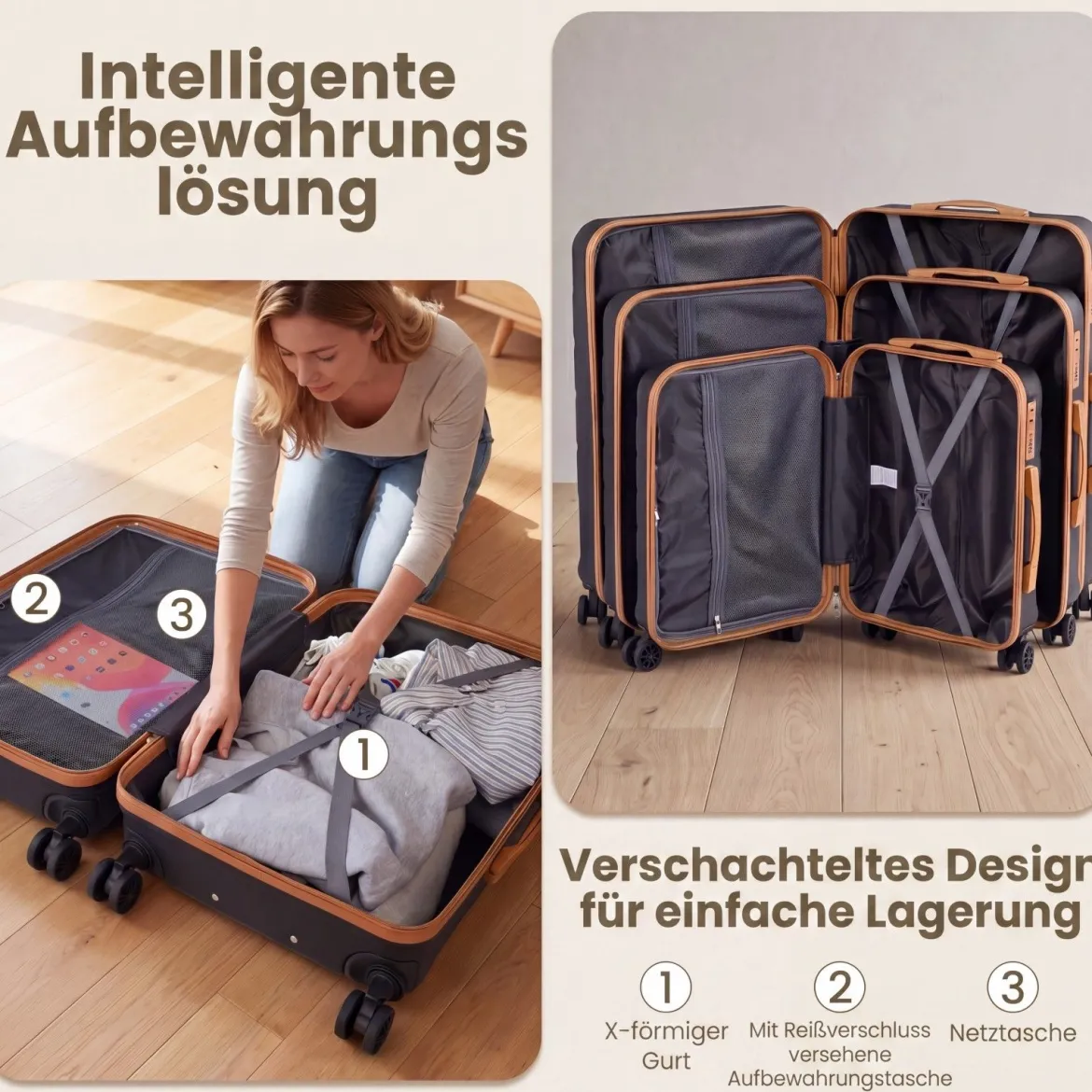 Koffer Set 5 Teilig Erweitbarer Hartschale Reisekoffer mit 1 Reisetasche & 1 Kulturbeutel Schwarz/Beige